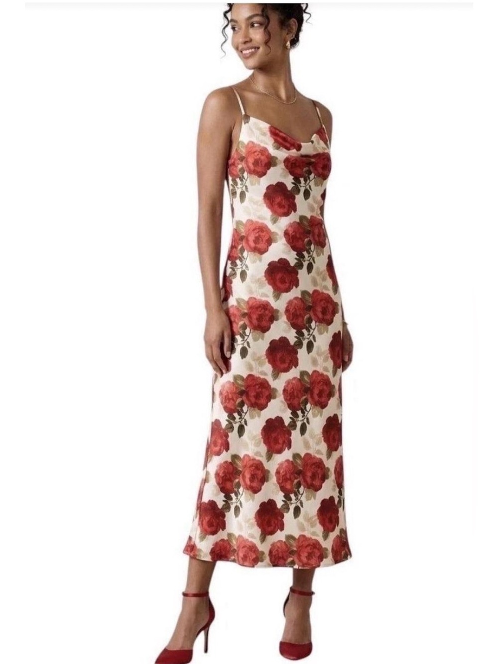 Thirty/Thirty LA Red Rose Floral Satin Slip Midi Cowl Neck Dress. Sz L NWT/0373